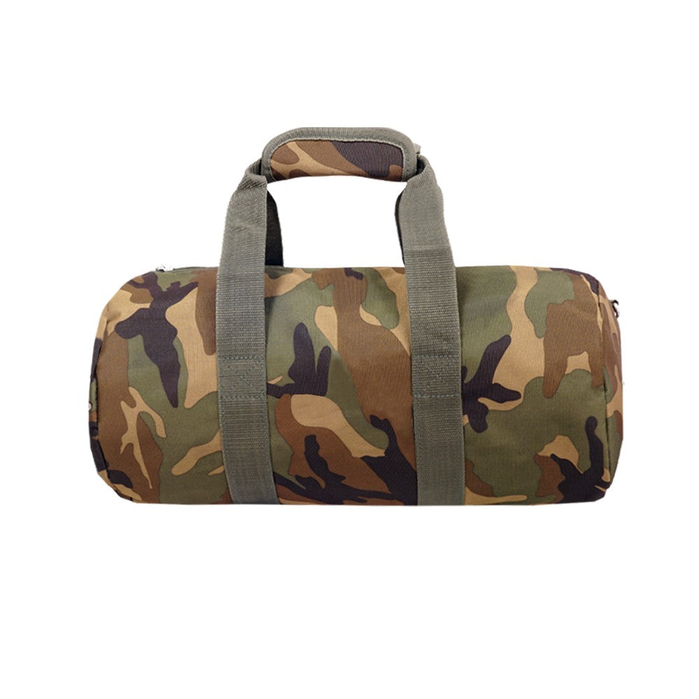 16-inch woodland camo duffel bag with zippered main compartment and adjustable shoulder strap.