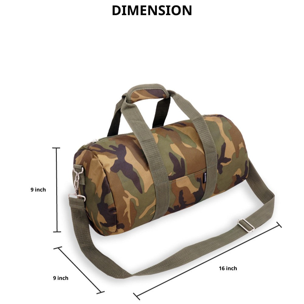16-inch woodland camo duffel bag with zippered main compartment and adjustable shoulder strap.