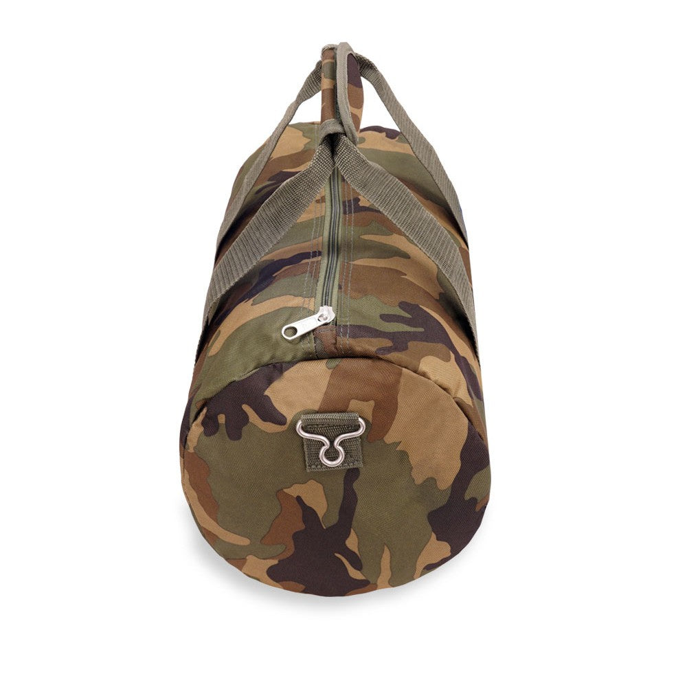 16-inch woodland camo duffel bag with zippered main compartment and adjustable shoulder strap.