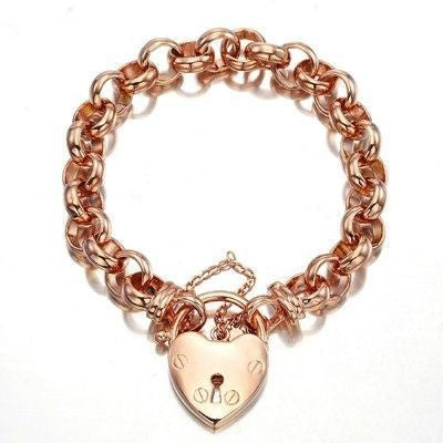 18ct Heavy Rose Gold Plated 10mm Belcher Chain Bracelet with a plain locket, showcasing its elegant design and high-quality finish.