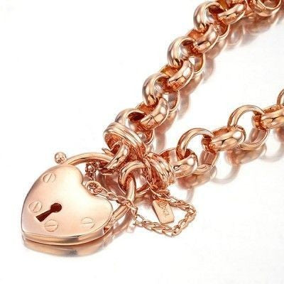 18ct Heavy Rose Gold Plated 10mm Belcher Chain Bracelet with a plain locket, showcasing its elegant design and high-quality finish.