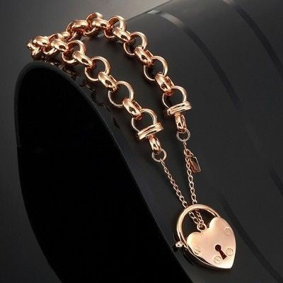 18ct Heavy Rose Gold Plated 10mm Belcher Chain Bracelet with a plain locket, showcasing its elegant design and high-quality finish.