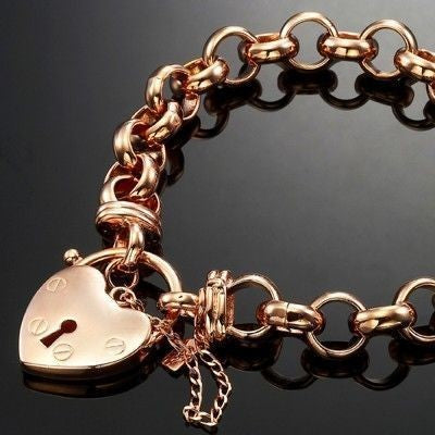 18ct Heavy Rose Gold Plated 10mm Belcher Chain Bracelet with a plain locket, showcasing its elegant design and high-quality finish.