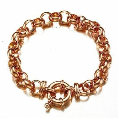 18ct Heavy Rose Gold Plated 10mm Belcher Chain Bracelet with Bolt Clasp, showcasing its elegant design and secure closure.