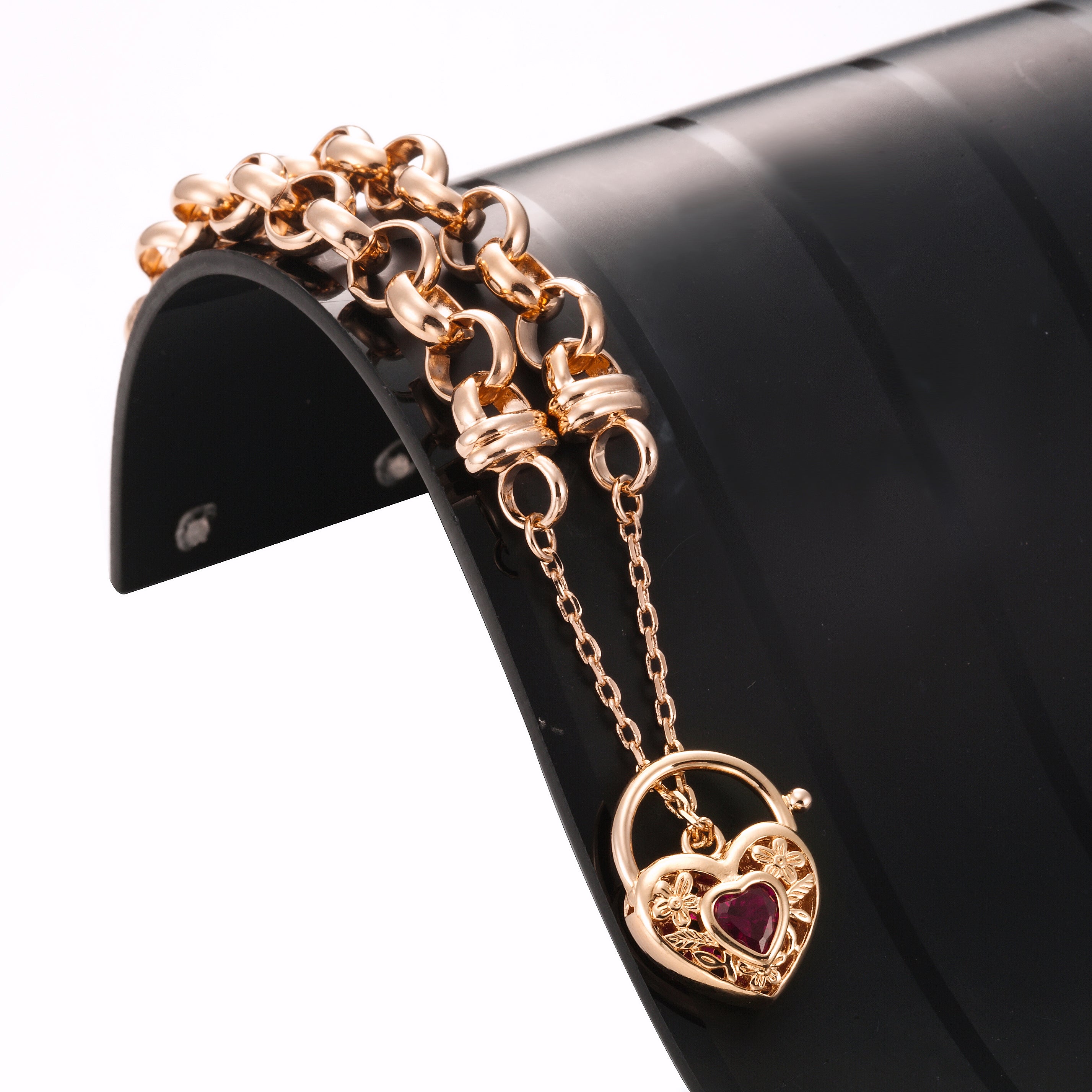 18ct Heavy Rose Gold Plated 10mm Belcher Chain Bracelet with filigree locket and simulated ruby, showcasing its elegant design.