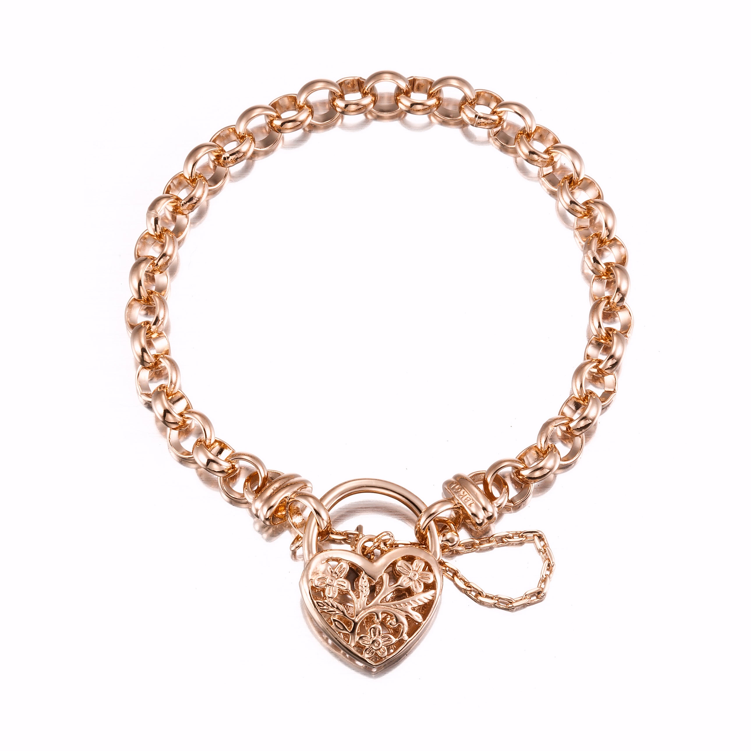 18ct Heavy Rose Gold Plated 6mm Belcher Chain Bracelet featuring a filigree locket, showcasing its elegant design and craftsmanship.