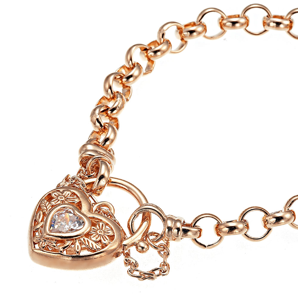 18ct Heavy Rose Gold Plated 6mm Belcher Chain Bracelet featuring a filigree locket, showcasing its elegant design and craftsmanship.