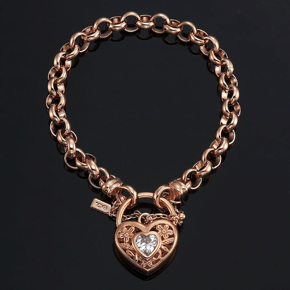 18ct Heavy Rose Gold Plated 6mm Belcher Chain Bracelet featuring a filigree locket, showcasing its elegant design and craftsmanship.