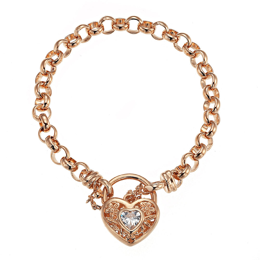 18ct Heavy Rose Gold Plated 6mm Belcher Chain Bracelet featuring a filigree locket, showcasing its elegant design and craftsmanship.