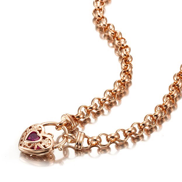 18ct Heavy Rose Gold Plated 6mm Belcher Chain Necklace featuring a filigree locket with a simulated diamond, elegantly displayed.