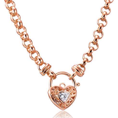 18ct Heavy Rose Gold Plated 6mm Belcher Chain Necklace featuring a filigree locket with a simulated diamond, showcasing its elegant design.