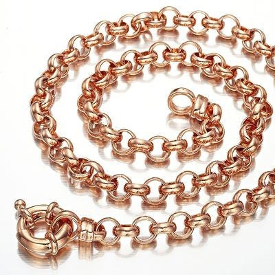 18ct Heavy Rose Gold Plated Belcher Chain Necklace with Bolt Clasp, showcasing a thick chain design and secure clasp.