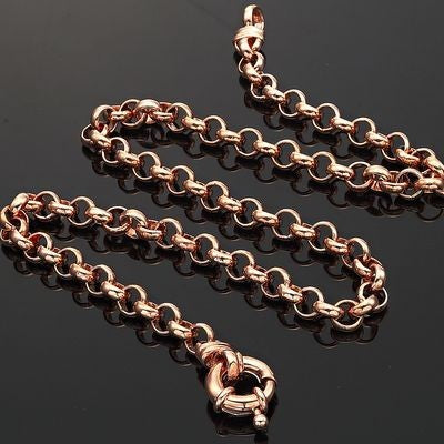 18ct Heavy Rose Gold Plated Belcher Chain Necklace with Bolt Clasp, showcasing a thick chain design and secure clasp.
