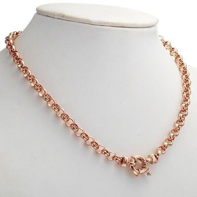 18ct Heavy Rose Gold Plated Belcher Chain Necklace with Bolt Clasp, showcasing a thick chain design and secure clasp.