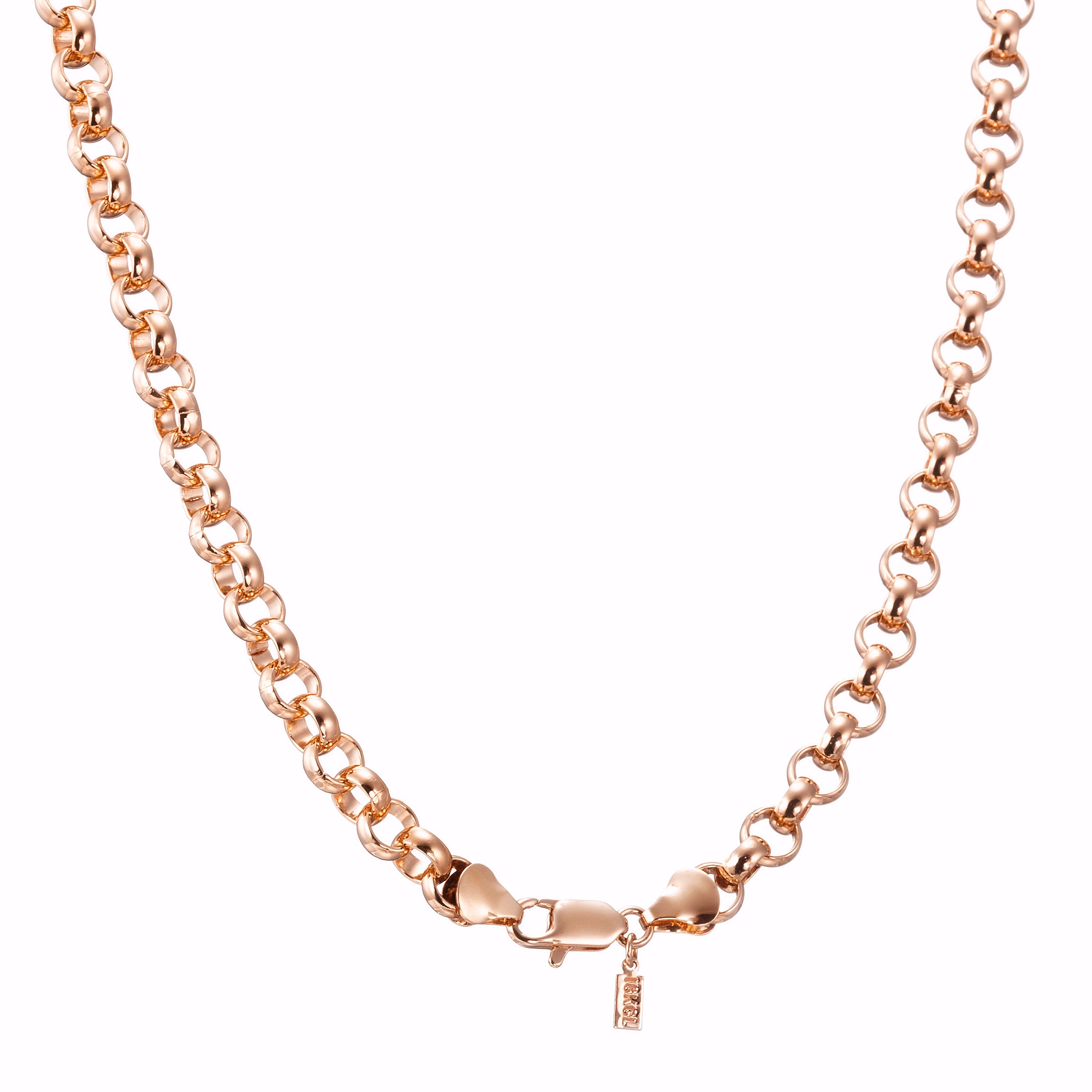18ct Heavy Rose Gold Plated Belcher Chain Necklace with Lobster Clasp, showcasing its elegant design and secure closure.