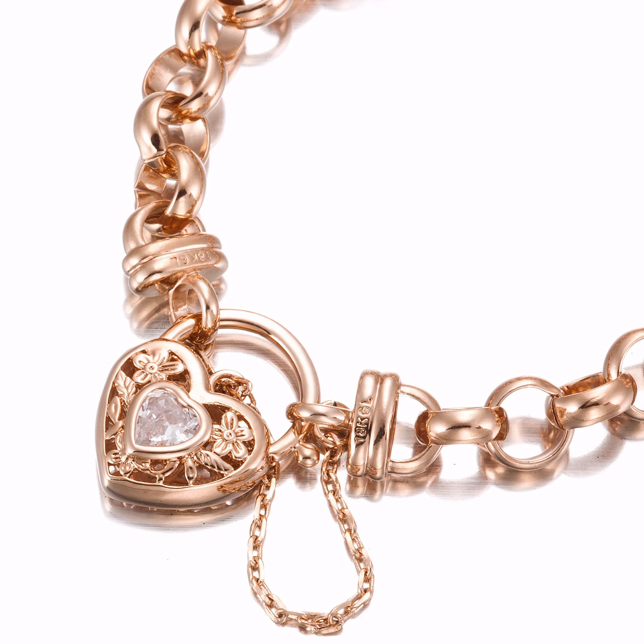 18ct Heavy Rose Gold Plated Belcher Chain Bracelet with a filigree locket and simulated diamond, showcasing its elegant design.