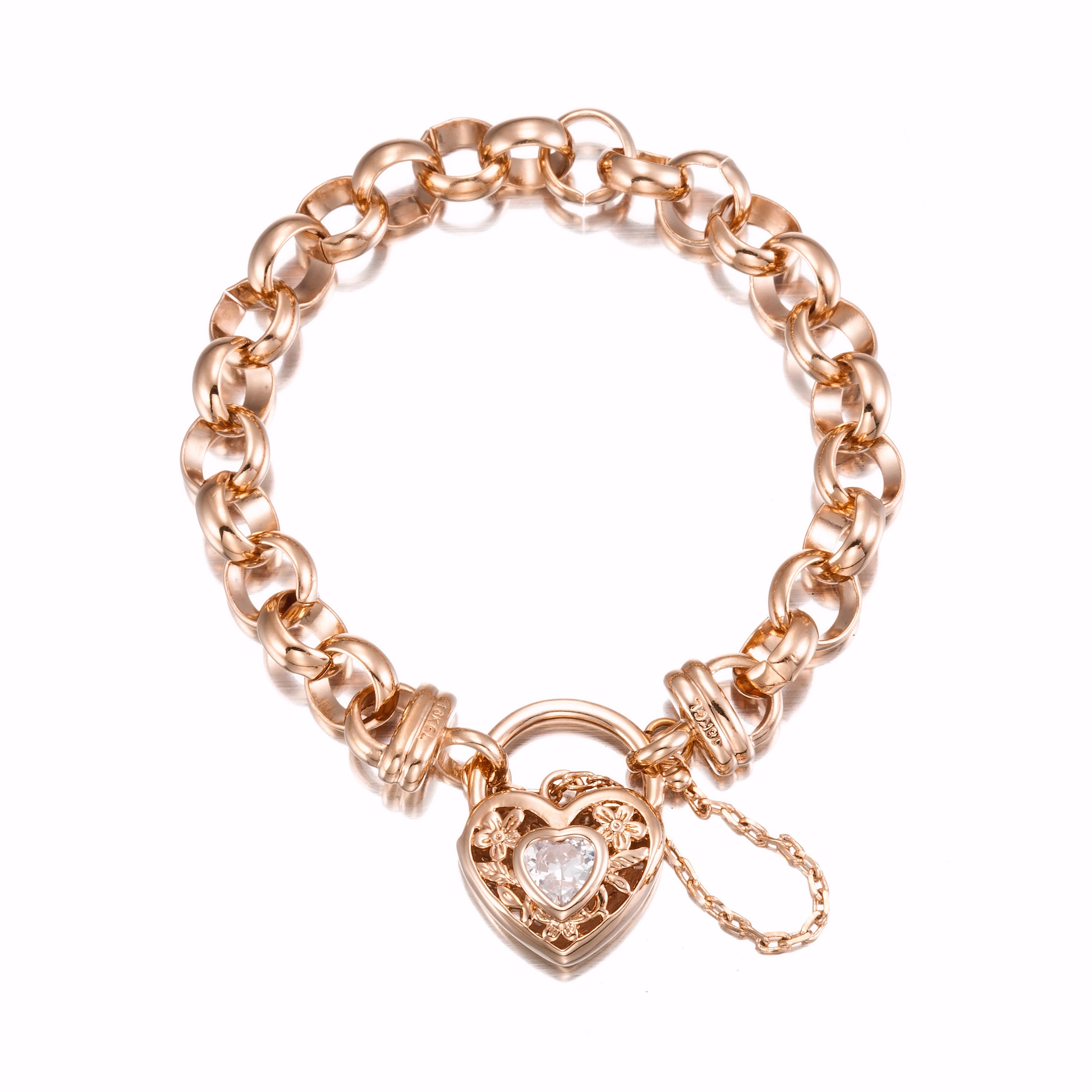 18ct Heavy Rose Gold Plated Belcher Chain Bracelet with a filigree locket and simulated diamond, showcasing its elegant design.