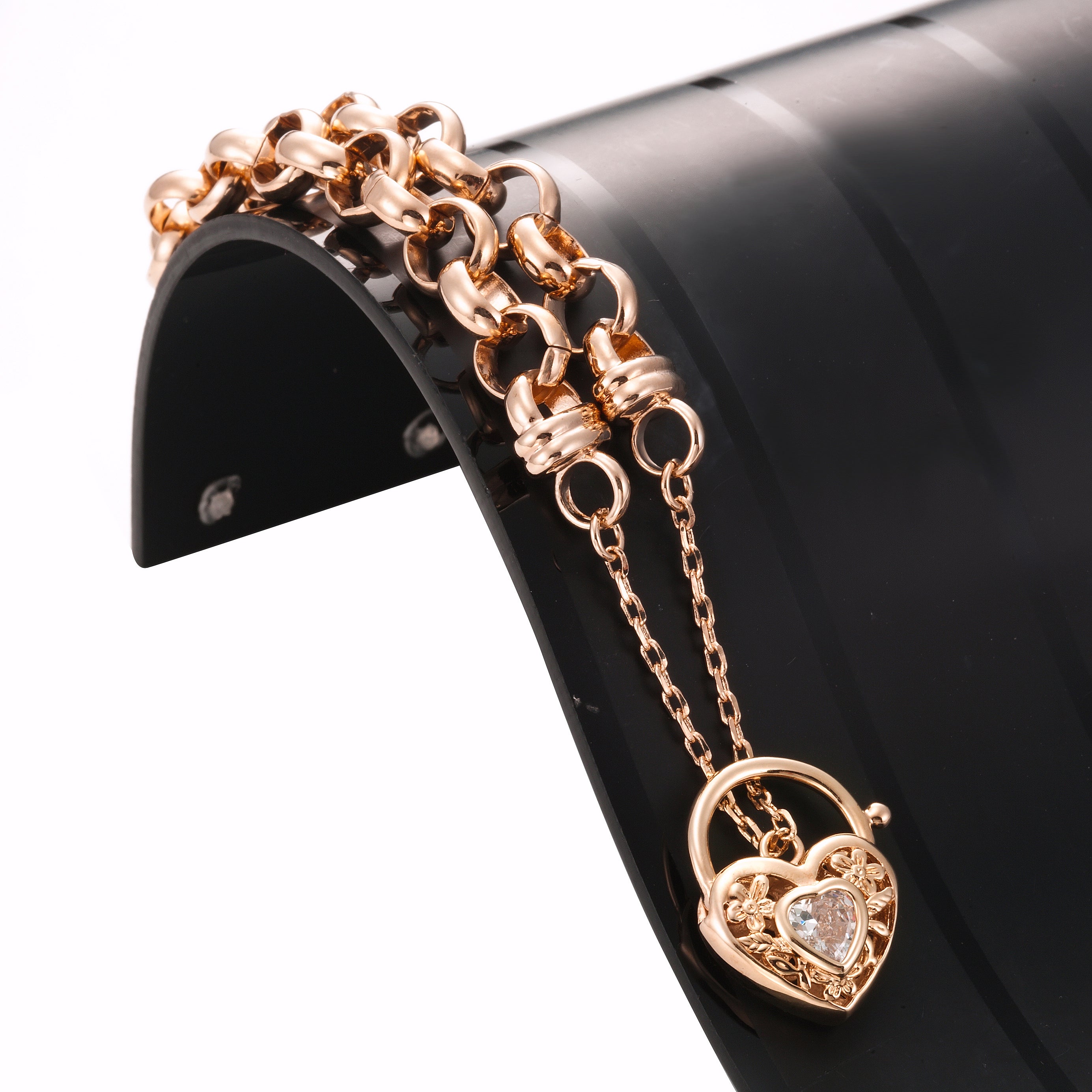 18ct Heavy Rose Gold Plated Belcher Chain Bracelet with a filigree locket and simulated diamond, showcasing its elegant design.