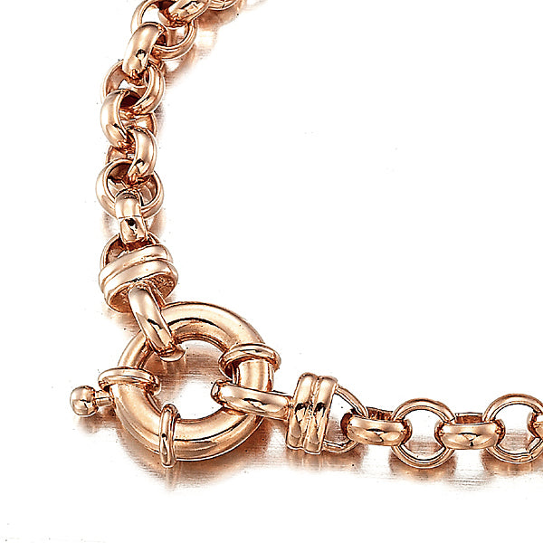A luxurious 18ct heavy rose gold plated belcher chain bracelet with a secure bolt clasp, showcasing its elegant design and craftsmanship.