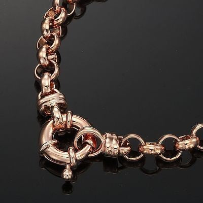 A luxurious 18ct heavy rose gold plated belcher chain bracelet with a secure bolt clasp, showcasing its elegant design and craftsmanship.