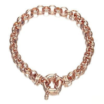 A luxurious 18ct heavy rose gold plated belcher chain bracelet with a secure bolt clasp, showcasing its elegant design and craftsmanship.