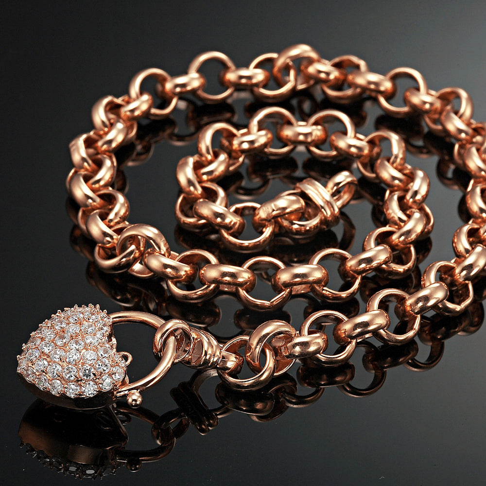 18ct Heavy Rose Gold Plated Belcher Chain Necklace with Simulated Diamond Locket, showcasing its elegant design and quality craftsmanship.