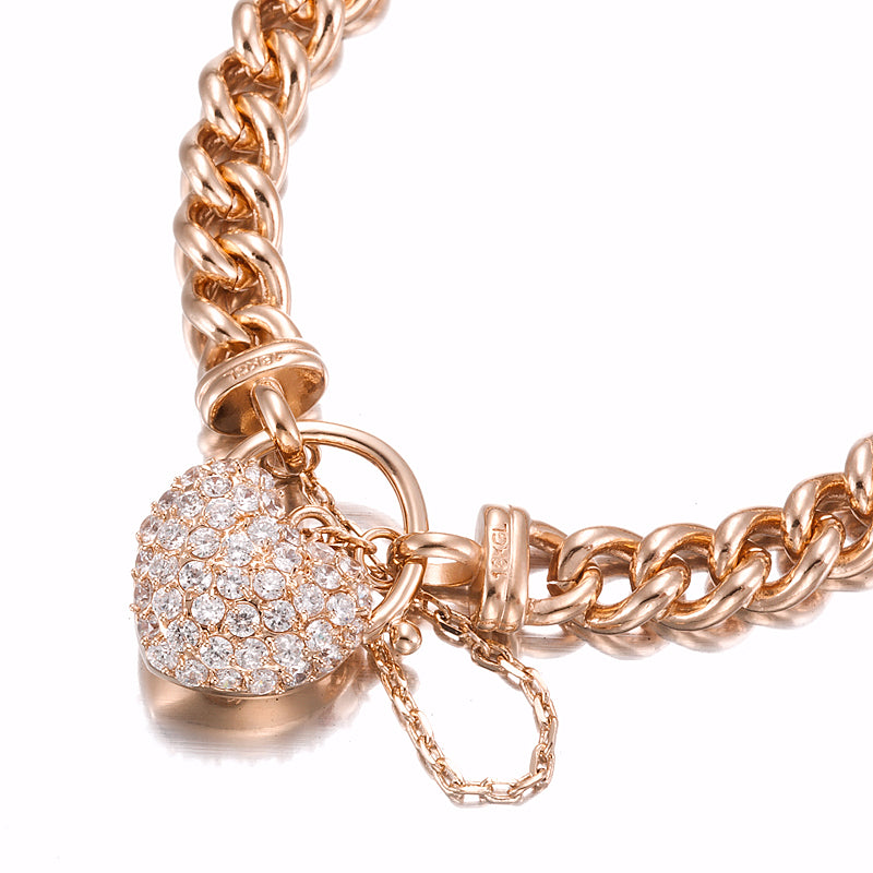 18ct Heavy Rose Gold Plated Euro Chain Bracelet with Simulated Diamond Locket, showcasing its elegant design and craftsmanship.