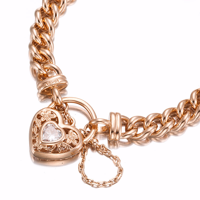 18ct Heavy Rose Gold Plated Euro Chain Bracelet featuring a filigree locket and simulated diamond, showcasing its elegant design.