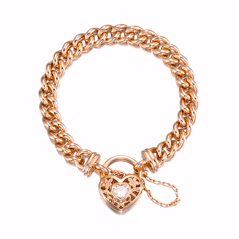 18ct Heavy Rose Gold Plated Euro Chain Bracelet featuring a filigree locket and simulated diamond, showcasing its elegant design.