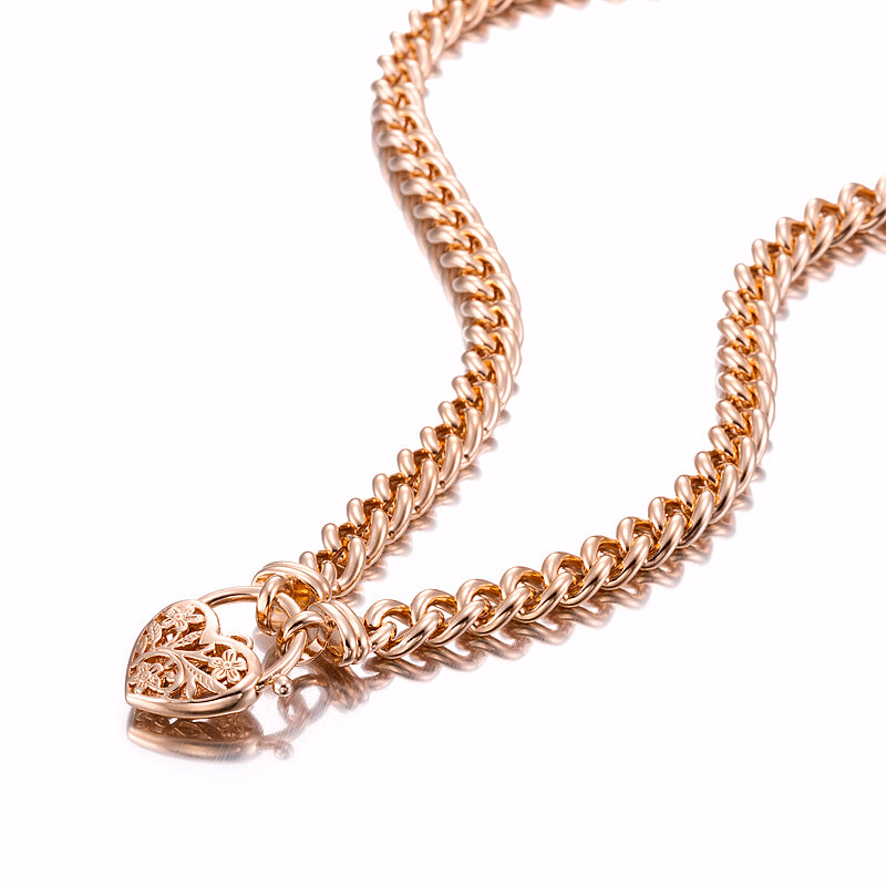 18ct Heavy Rose Gold Plated Euro Chain Necklace featuring a delicate filigree locket, showcasing intricate design and luxurious finish.