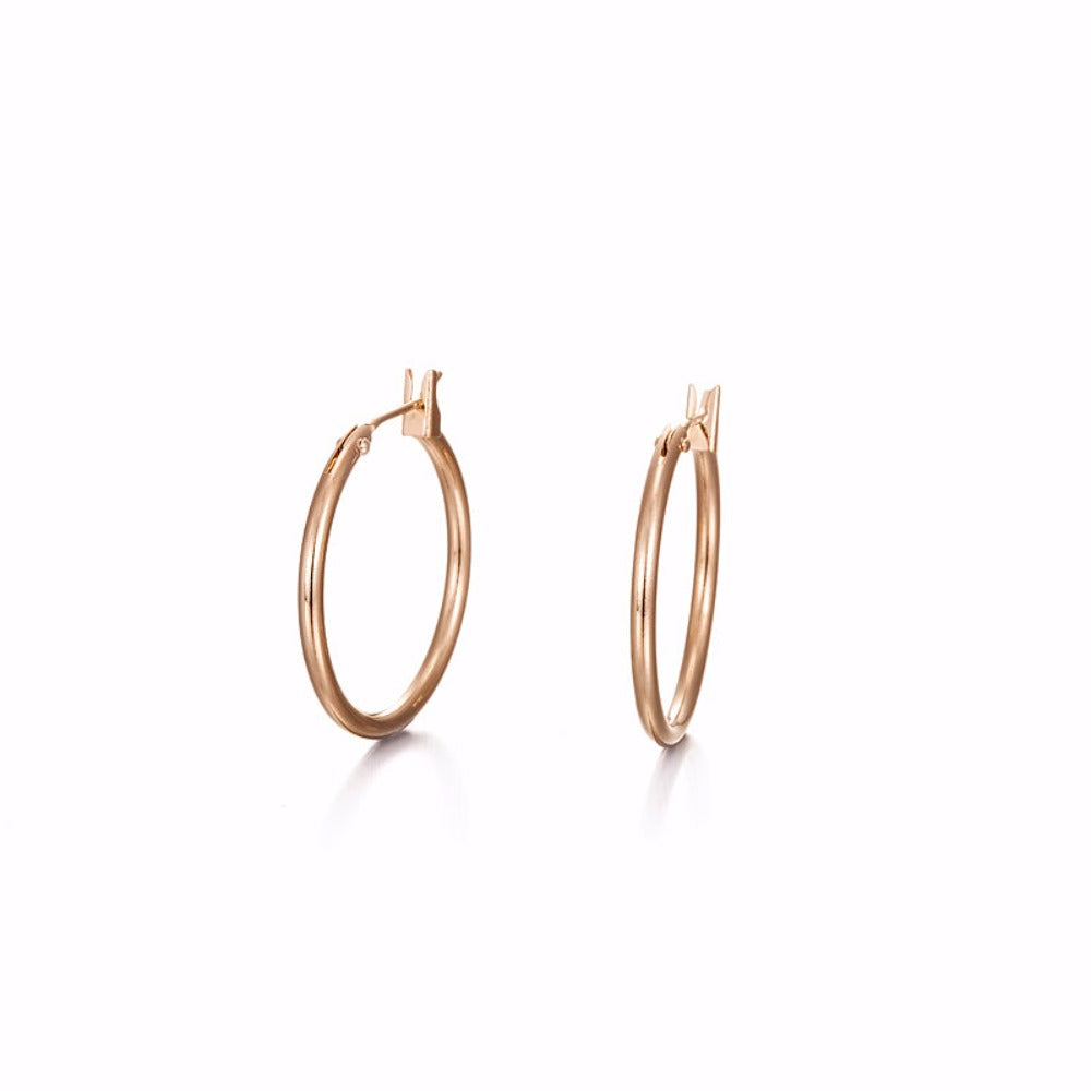 A pair of 18ct heavy rose gold plated hoop earrings, showcasing a luxurious finish and available in three sizes.