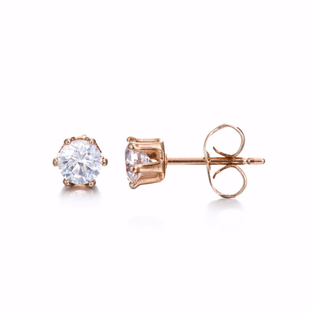 A pair of 18ct heavy rose gold plated simulated diamond stud earrings, showcasing their elegant design and sparkling appearance.
