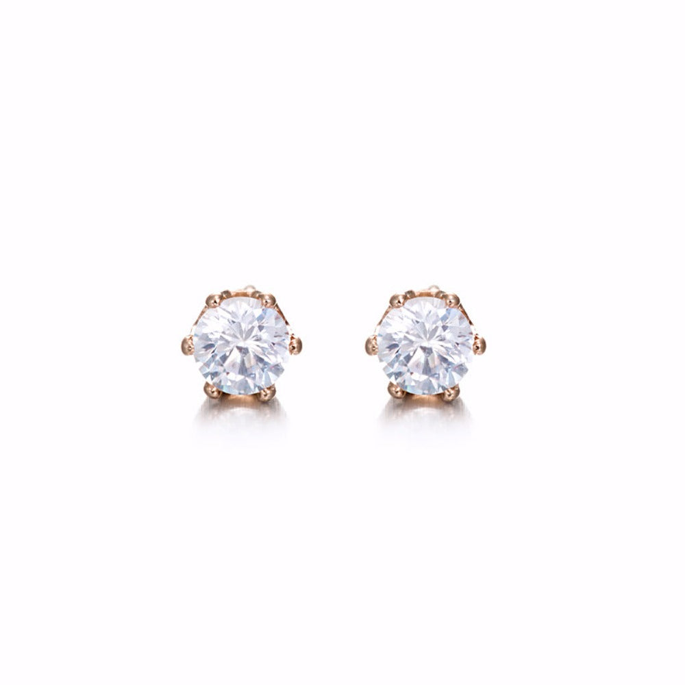 A pair of 18ct heavy rose gold plated simulated diamond stud earrings, showcasing their elegant design and sparkling appearance.