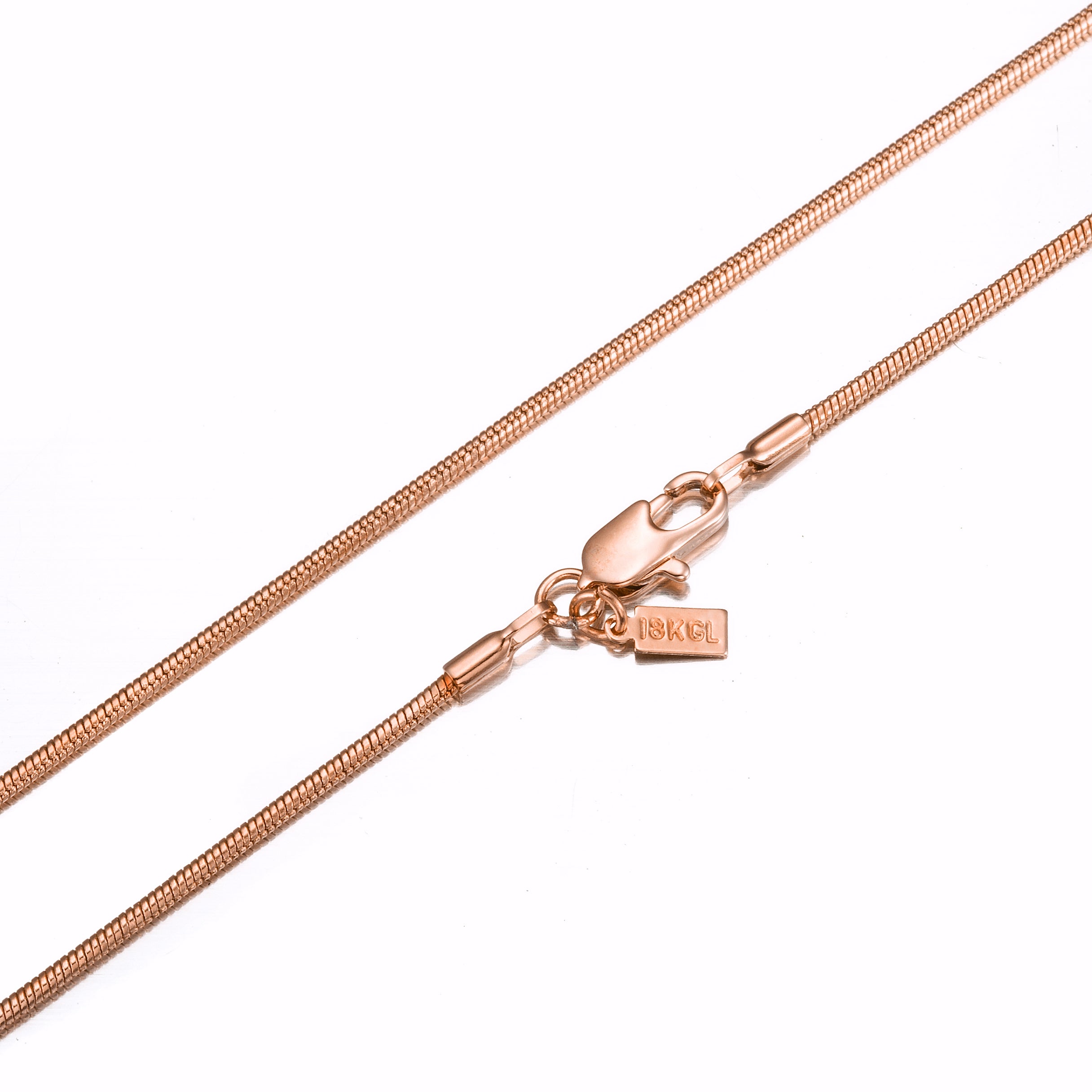 18ct Heavy Rose Gold Plated Snake Chain Necklace, USA made, showcasing its sleek design and quality craftsmanship.