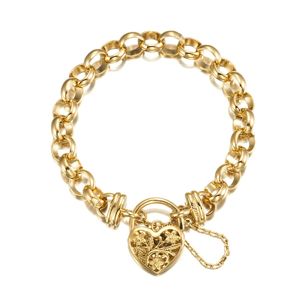 18ct Heavy Yellow Gold Plated 10mm Belcher Bracelet with filigree locket, showcasing its elegant design and luxurious gold finish.