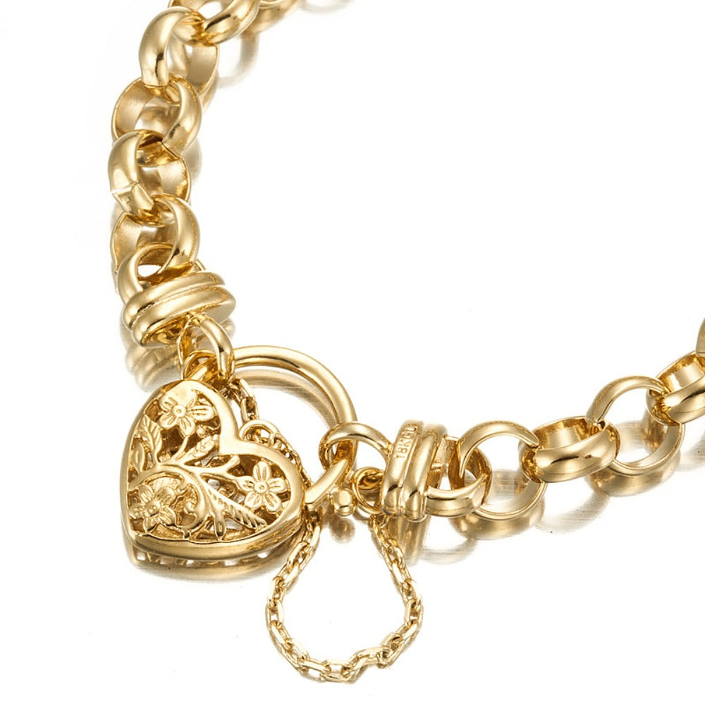 18ct Heavy Yellow Gold Plated 10mm Belcher Bracelet with filigree locket, showcasing its elegant design and luxurious gold finish.