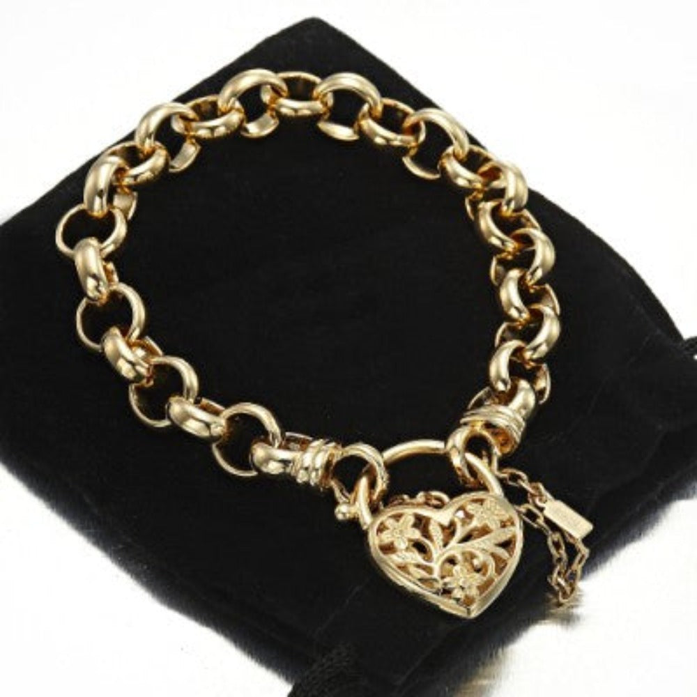 18ct Heavy Yellow Gold Plated 10mm Belcher Bracelet with filigree locket, showcasing its elegant design and luxurious gold finish.