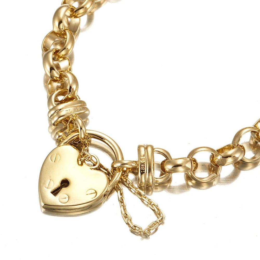 18ct Heavy Yellow Gold Plated 10mm Belcher Chain Bracelet with a plain locket, showcasing its elegant design and quality craftsmanship.