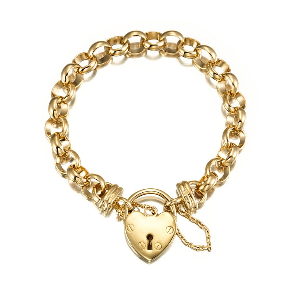 18ct Heavy Yellow Gold Plated 10mm Belcher Chain Bracelet with a plain locket, showcasing its elegant design and quality craftsmanship.