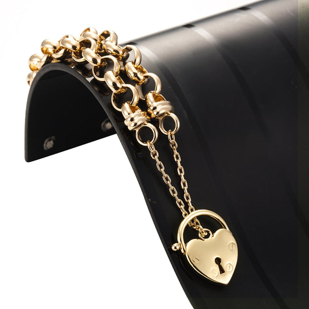 18ct Heavy Yellow Gold Plated 10mm Belcher Chain Bracelet with a plain locket, showcasing its elegant design and quality craftsmanship.