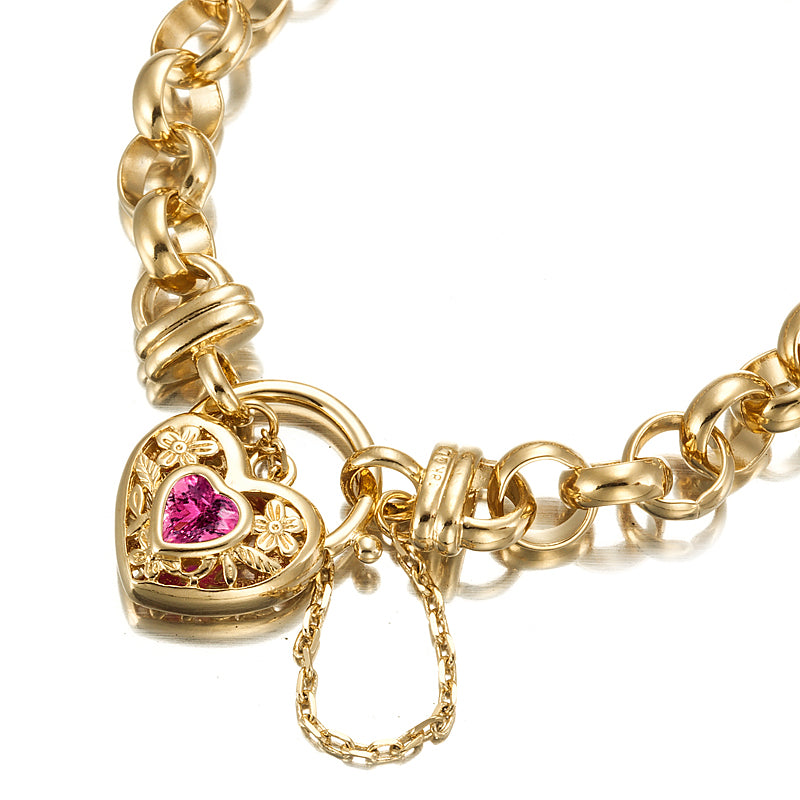18ct Heavy Yellow Gold Plated 10mm Belcher Chain Bracelet featuring a pink filigree locket, showcasing its elegant design and craftsmanship.