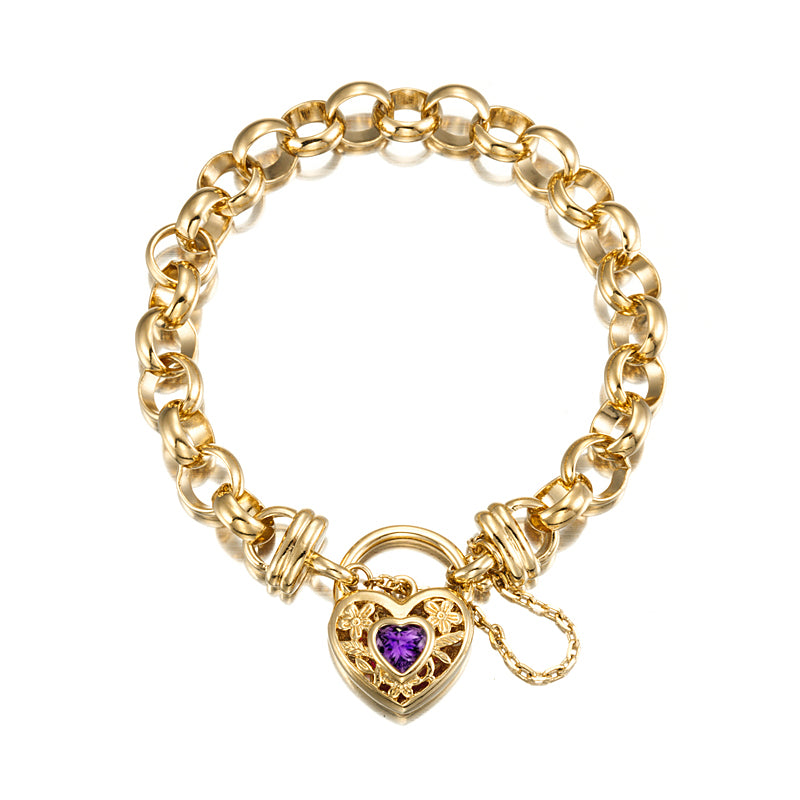 18ct Heavy Yellow Gold Plated 10mm Belcher Chain Bracelet featuring a purple filigree locket, showcasing its elegant design and craftsmanship.