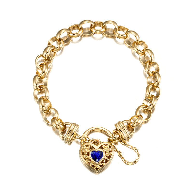 18ct Heavy Yellow Gold Plated 10mm Belcher Chain Bracelet featuring a Dark Blue Filigree Locket, showcasing its elegant design and quality craftsmanship.