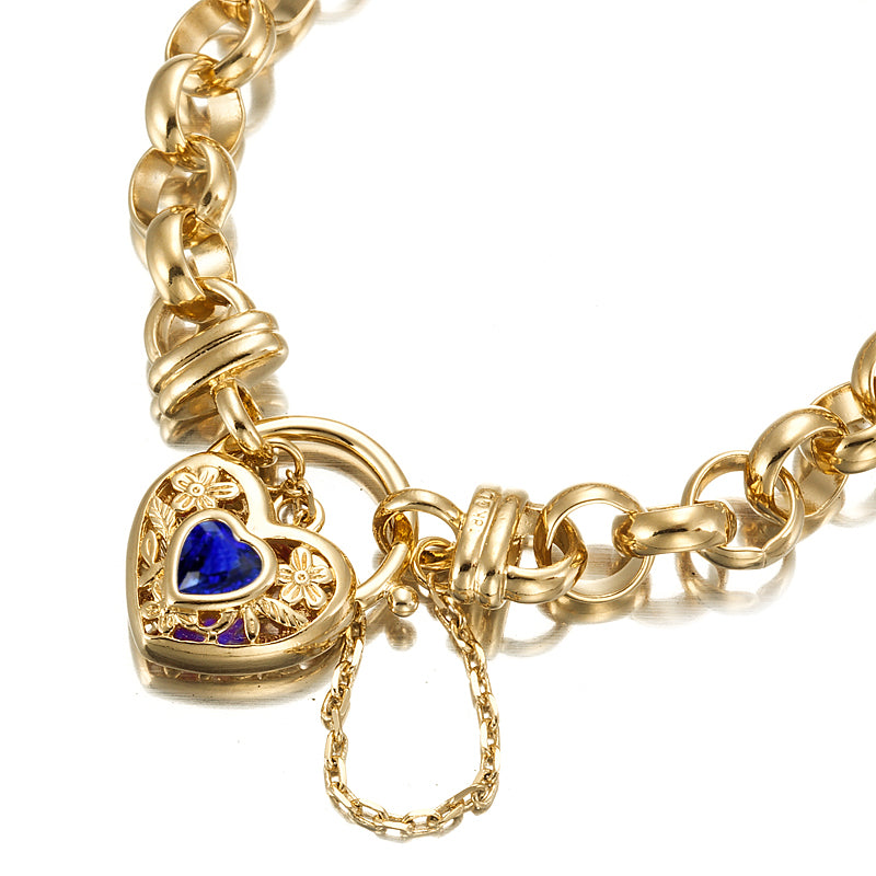 18ct Heavy Yellow Gold Plated 10mm Belcher Chain Bracelet featuring a Dark Blue Filigree Locket, showcasing its elegant design and quality craftsmanship.