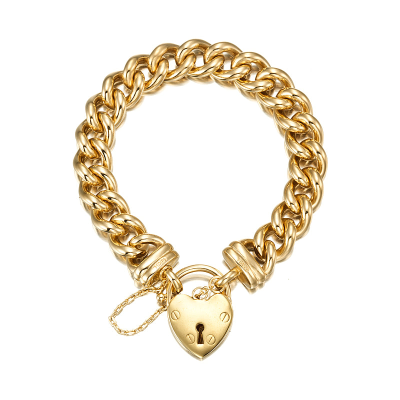18ct Heavy Yellow Gold Plated 12mm Euro Curb Chain Bracelet with a plain locket, showcasing its elegant design and quality craftsmanship.