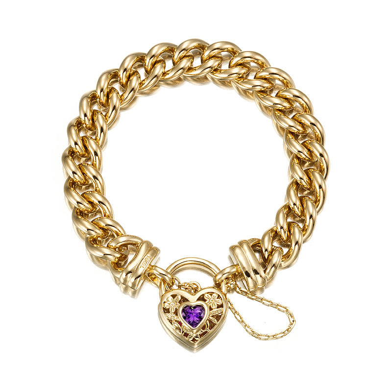18ct Heavy Yellow Gold Plated 12mm Euro Curb Chain Bracelet with a purple filigree locket, showcasing its elegant design and craftsmanship.