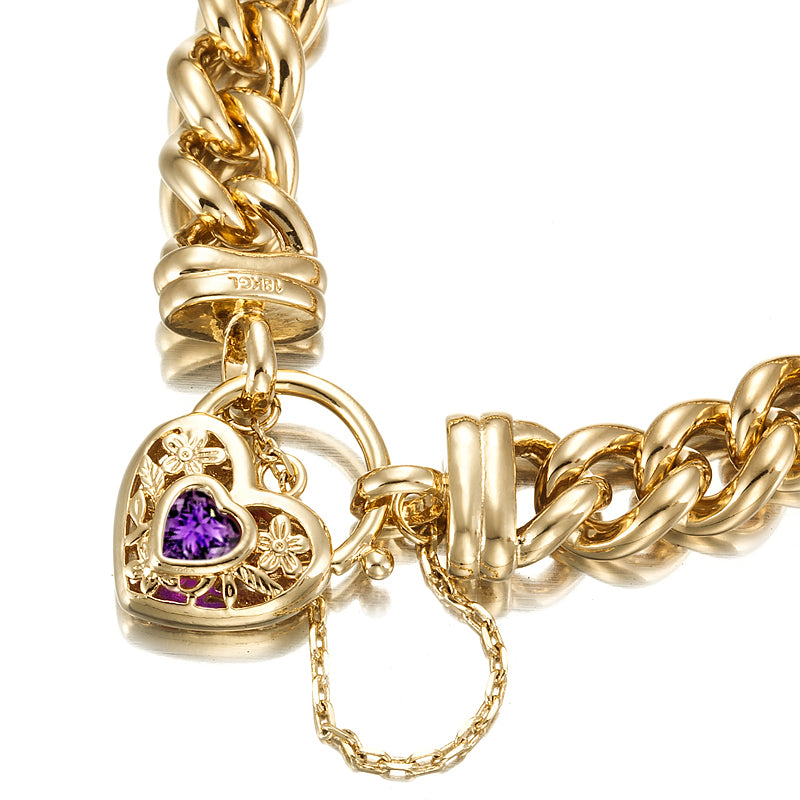 18ct Heavy Yellow Gold Plated 12mm Euro Curb Chain Bracelet with a purple filigree locket, showcasing its elegant design and craftsmanship.