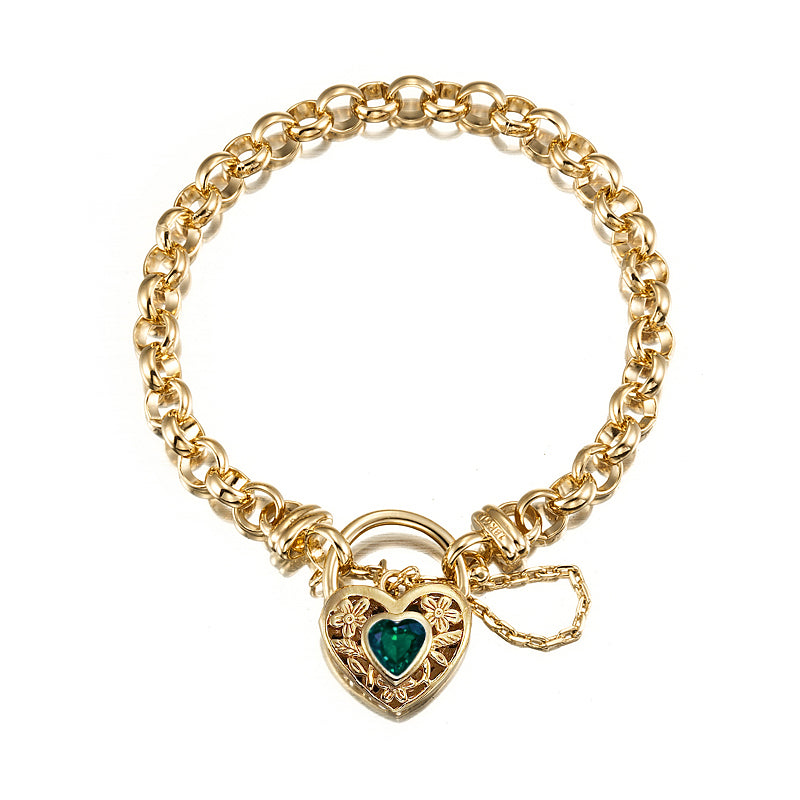 18ct heavy yellow gold plated 6mm belcher chain bracelet featuring a green filigree locket, showcasing its elegant design and craftsmanship.