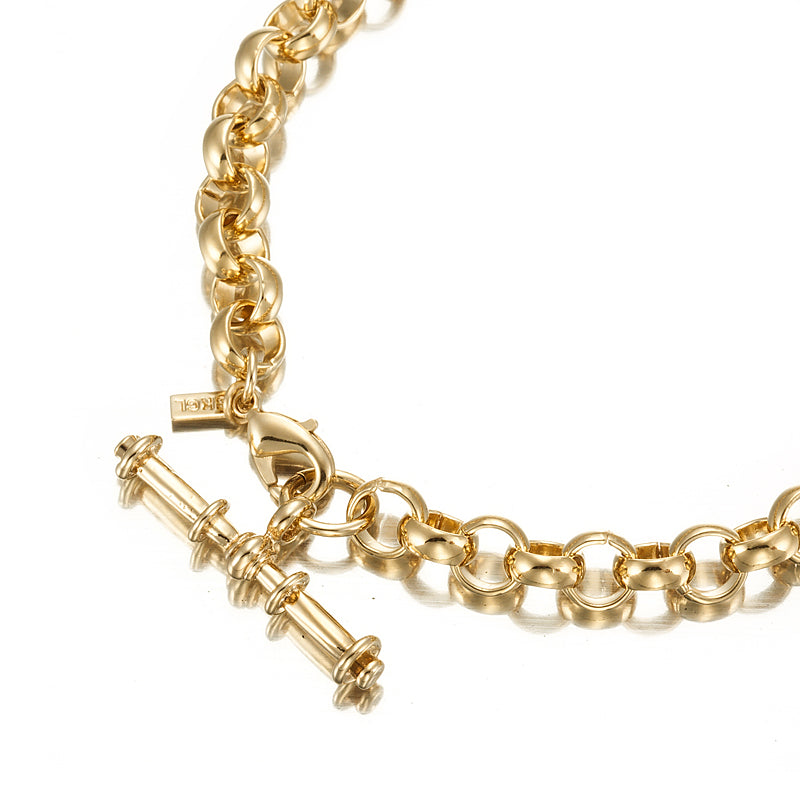 18ct Heavy Yellow Gold Plated Belcher Chain Bracelet with T-Bar, showcasing its elegant design and luxurious finish.