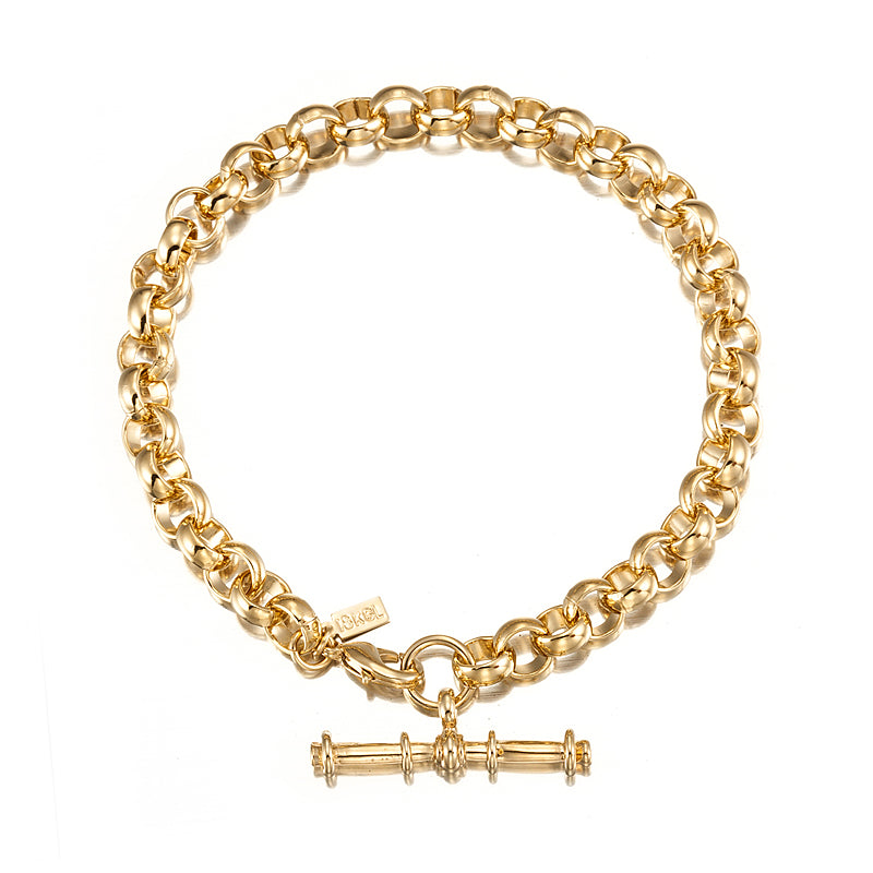 18ct Heavy Yellow Gold Plated Belcher Chain Bracelet with T-Bar, showcasing its elegant design and luxurious finish.